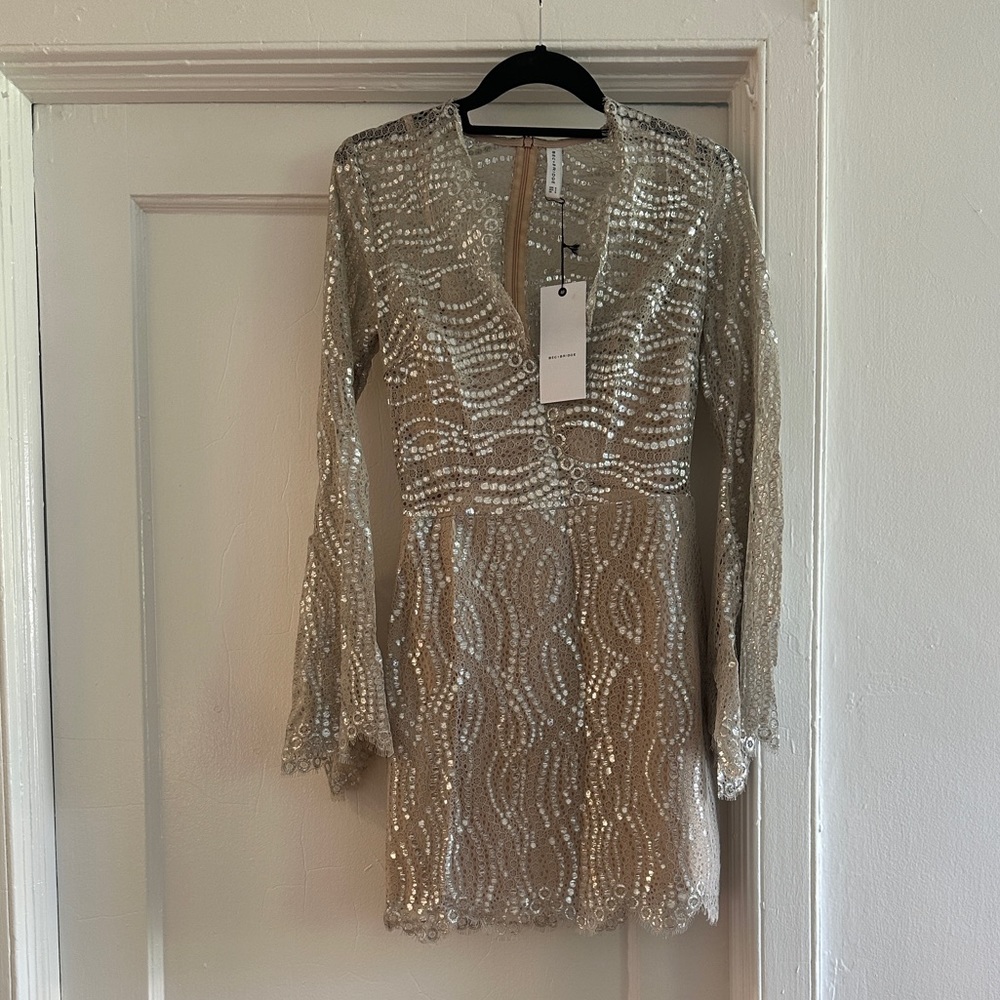 Bec & Bridge Mirror Palace Plunge Dress in Sandstone/Silver